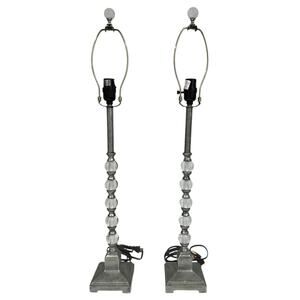 Set of 2 Lamps Lucite Clear Stacked Orb Table Lamps Square Base Work 31”